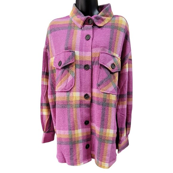 Zenana Shacket Shirt Jacket Magenta Plaid Pockets Cozy Soft Womens Large New - Picture 1 of 10